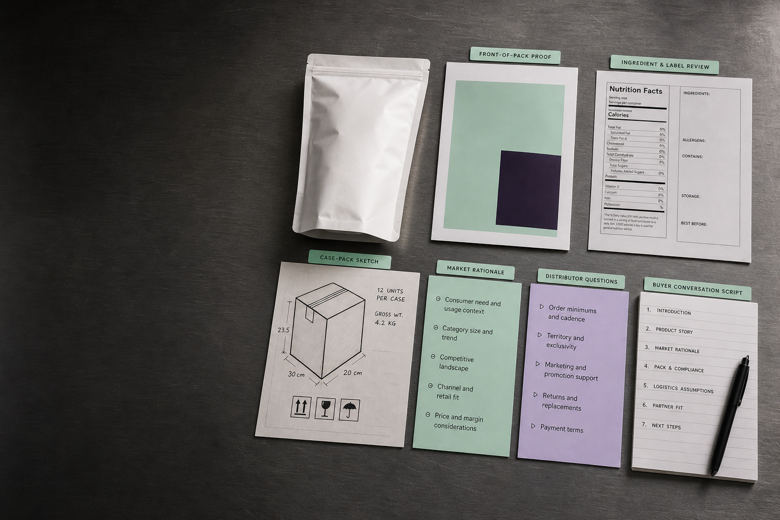 Illustrative export-preparation table with a sample package, label review, case sketch, market rationale, distributor questions, and buyer conversation notes
