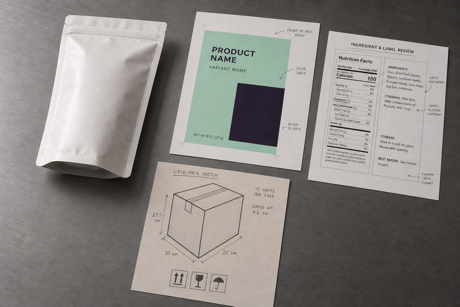 Illustrative packaging evidence with an unbranded sample pouch, label review, and case-pack sketch